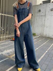 FRIFUL Women's Casual Washed Loose Denim Bib Overalls - Blue - View 2