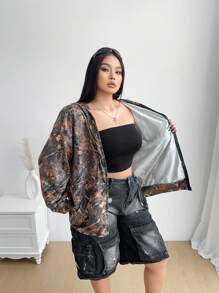 POPSWAY Áo khoác nỉ dài tay có mũ trùm đầu in họa tiết rằn ri thực vật cỡ lớn dành cho nữ, áo chui đầu mùa thu - Màu Khaki - Xem 4