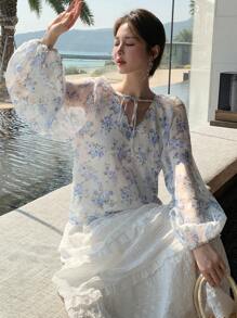 DAZY Elegant Vacation Blouse, Spring/Summer, Lantern Sleeve, Floral Printed, Lace-Up Women Shirt Long Sleeve Top - Blue - View 1