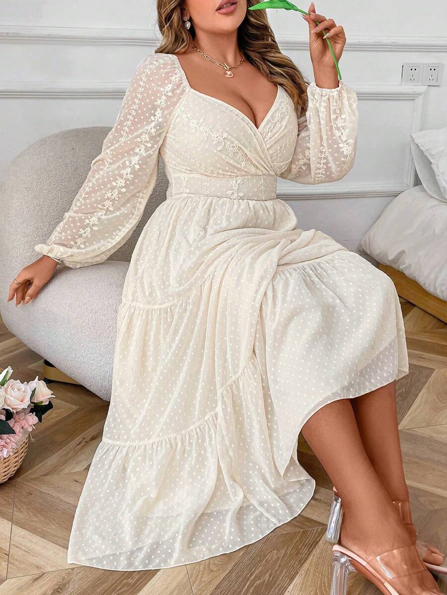 SHEIN PETITE Plus Size Women's Elegant Layered Ruffled Shoulder Short Sleeve Floral Embroidery Chiffon Dress, Suitable For Casual Gathering, Wedding, Spring/Summer