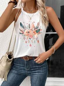 SHEIN LUNE 女式休闲花卉印花露背背心，略微透明，适合夏季