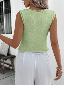 prairielle prairielle Solid Color Crew Neck Ribbed Detail Short Knit Top - Green - View 2