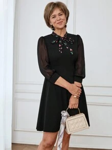 Miaspire Women's Mesh Patchwork Long Sleeve Casual Mini Dress - Black - View 3