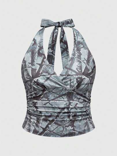 Top alla moda con stampa a ramoscello, con schiena scoperta e collo alto, per taglie forti