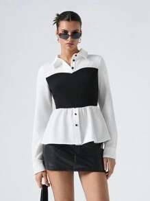SHEIN EZwear 女式黑白梭织荷叶边下摆衬衫、长袖上衣 - 黑與白 - 查看 3