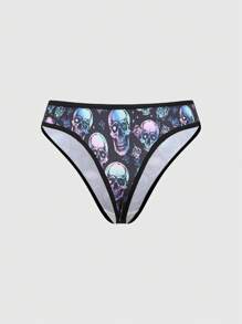 ROMWE 4pcs Set Gothic Punk Skull Rose Milk Silk Thong Panties - Black - View 9