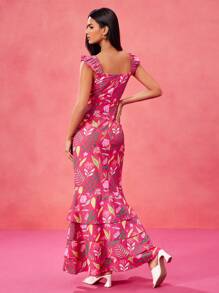 Miriam Omar Designer Boho Bohemian Rose Red Floral Print Ruffled Mid-Slit Maxi Sundress For Spring And Summer Vacation, Festival, Concert Outfit, Ibiza Fits, Prom Dress Brunch Outfits Tea Party Dress Rave Outfit - Hot Pink - View 3