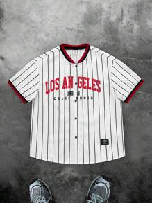 2pcs Kids Tween Boy Casual Sports Versatile Letter Print Striped Baseball Collar Open Front Short Sleeve Loose Shirt, Suitable For School, Garden, Beach, Birthday, Spring, Summer, Autumn, Winter - Multicolor - View 3