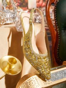 CUCCOO TILAWA Giày cao gót mũi nhọn đính đá pha lê lấp lánh cho nữ, thích hợp để đi chơi, dự tiệc, tiệc tùng và các sự kiện khác - Vàng - Xem 3