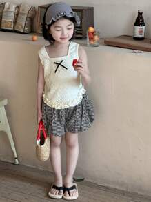 DAZY 2pcs/Set Young Girl Bow Decor Textured Tank Top And Plaid Shorts,Girls Summer Outfits - Black and White - View 5