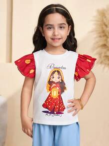 Young Girls Polka Dot Print Cap Sleeves Ramadan T-Shirt - Multicolor - View 1