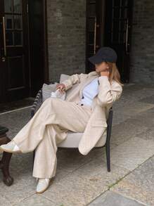 DAZY Relaxed Lapel Pocket Long Sleeve Blazer Jacket And Wide Leg Pants Spring Elegant Lady Suit Set,Fall Clothes Business Attire - Apricot - View 7