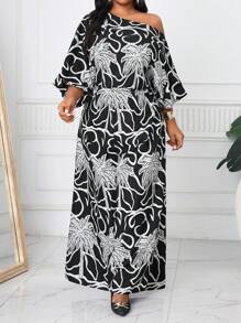 SHEIN Lady 春夏优雅复古工作休闲办公室黑白棕榈叶假日图案编织露肩舞会礼服主教袖露背新款大码连体裤