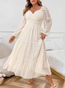 SHEIN PETITE Plus Size Women's Elegant Layered Ruffled Shoulder Short Sleeve Floral Embroidery Chiffon Dress, Suitable For Casual Gathering, Wedding, Spring/Summer