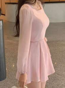 DAZY 女式短款圆领长袖粉色迷你连衣裙，春夏秋季太阳裙