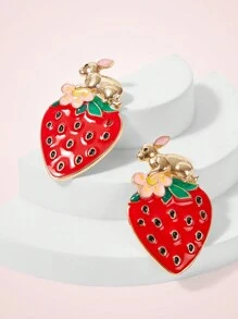 SHEIN MOD Pendientes de tuerca de aleación con esmalte con diseño de fresa y orejas de conejo - Multicolor - Ver 2