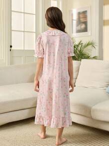 Tween-Mädchen Niedliches kurzärmliges Nachthemd mit Rüschenbesatz und Kaninchen- und Blumenmuster, geeignet für die Freizeit und zu Hause, Alltagskleidung, passende Geschwister-Outfits (2 Teile separat erhältlich)