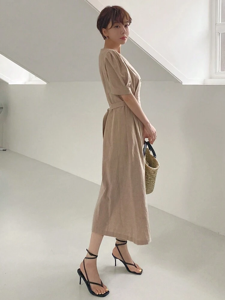 1pc Women V-Neck Short Sleeve Waist Asymmetrical Midi Dress Linen