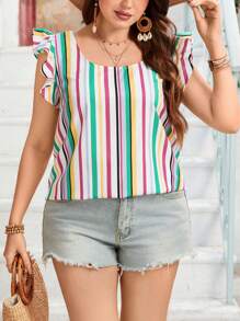 SHEIN Clasi Blusa informal con cuello redondo y mangas cortas abullonadas para mujeres de tallas grandes a rayas - Multicolor - Ver 5