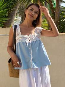 DAZY 度假蕾丝拼布抽绳系带牛仔衬衫夏季 - 藍色 - 查看 1