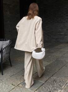 DAZY Relaxed Lapel Pocket Long Sleeve Blazer Jacket And Wide Leg Pants Spring Elegant Lady Suit Set,Fall Clothes Business Attire - Apricot - View 2