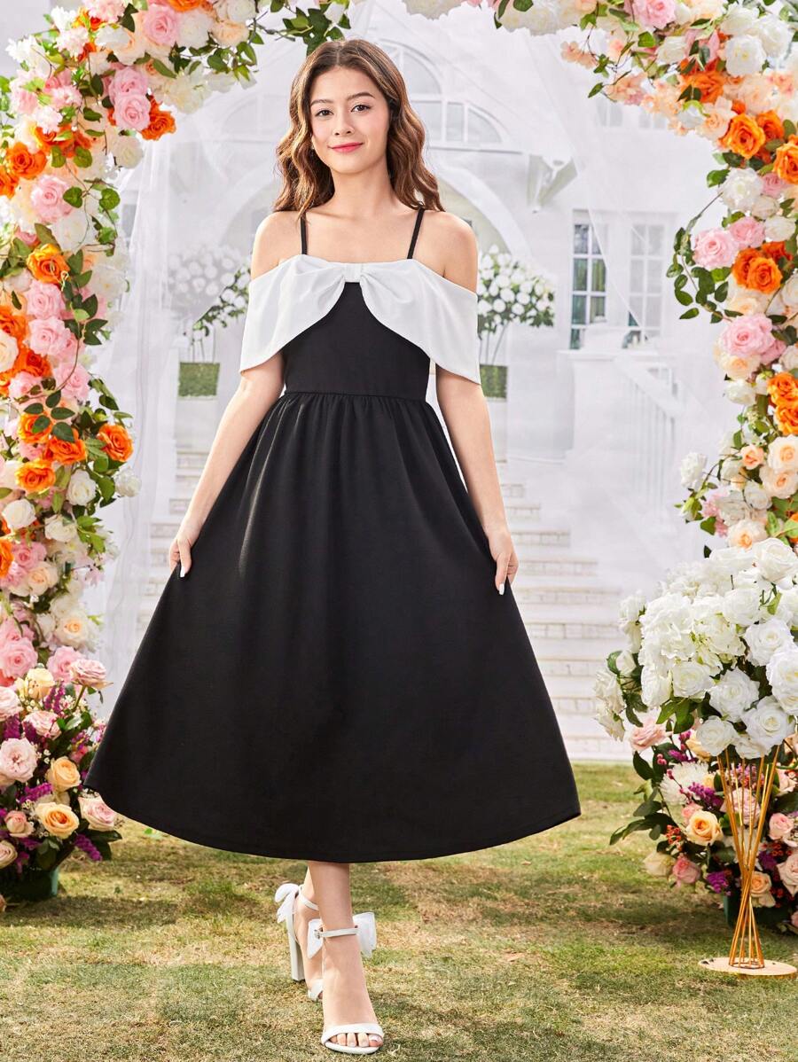 少女优雅露肩蝴蝶装饰吊带裙，少女礼服，春夏 - 黑色 - 查看 1