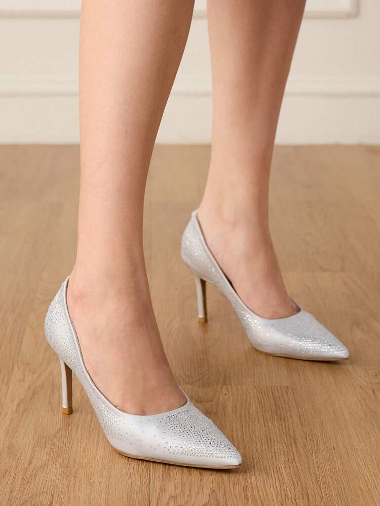 CUCCOO HITCHD Zapatos de tacón alto puntiagudos de dama con strass plateados, sexy y elegantes para ocasiones casuales, fiestas, citas y bodas