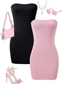 SHEIN Multi-Piece Tube Pink Dress For Teen Girls - Multicolor - View 1