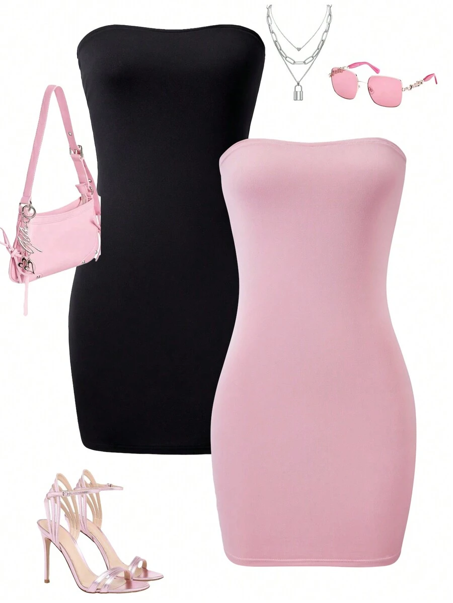 SHEIN Multi-Piece Tube Pink Dress For Teen Girls - Multicolor - View 1