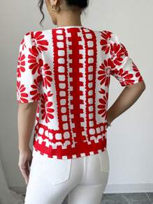 Rafferiza Women's Casual Loose Floral Print Crew Neck Short Sleeve Blouse-Style Shirt - Red - View 2