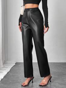 Chiquease 早春休闲修身直筒微喇叭女裤，复古高端仿皮长裤，百搭简约黑色长裤，适合日常穿着 - 黑色 - 查看 5