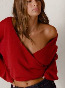 Aralina Oversized Cross-Front Cozy Knit Sweater - Red - View 3