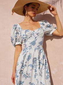 Revavyn White And Blue Floral Summer Elegant Tea Party Holiday Retro French Sweetheart Neck Puff Sleeve Waist Gathered Flared Long All Over Print Boho Dress - Multicolor - View 6