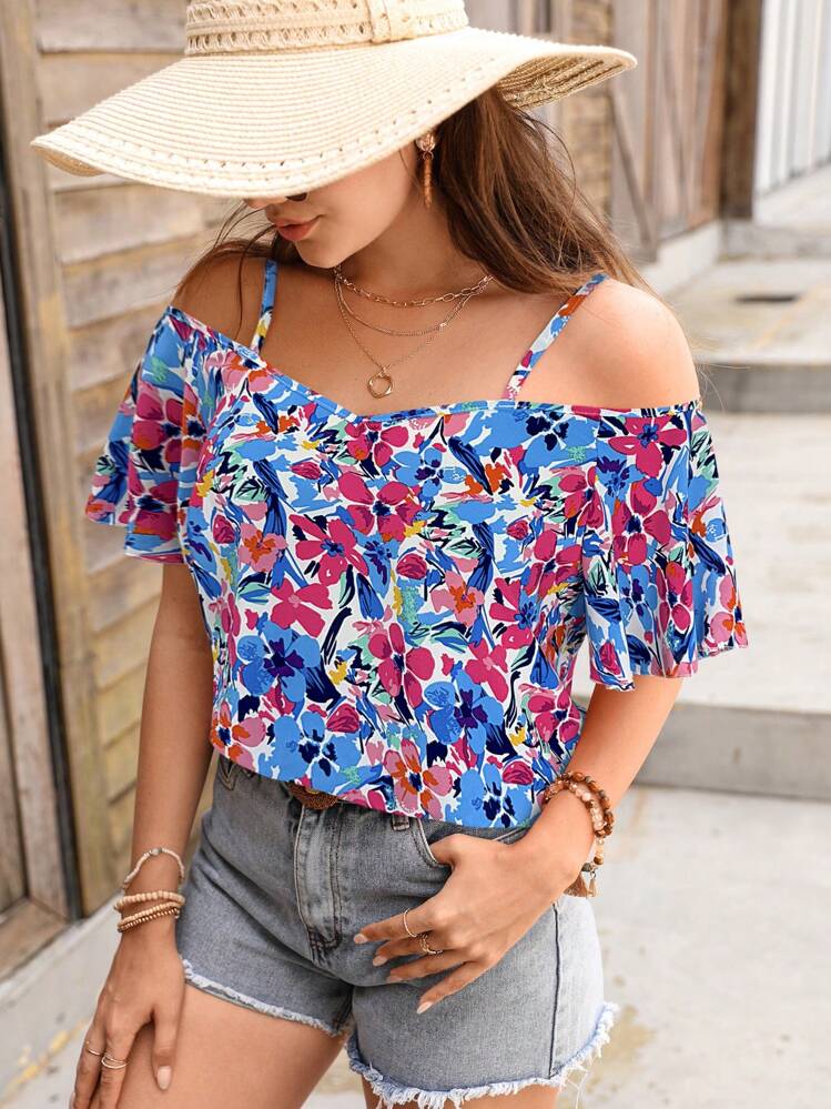 SHEIN VCAY 女士花卉印花露肩短袖假日衬衫 - 彩色 - 查看 1