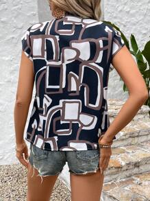 SHEIN LUNE 1pc Women's Vintage Geometric Print Casual Vacation Elegant V-Neck Short Sleeve Shirt