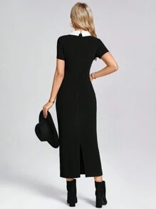 SHEIN LUNE Dames Polo Collar Color Block Elegante Zwarte Bodycon Zeemeerminjurk