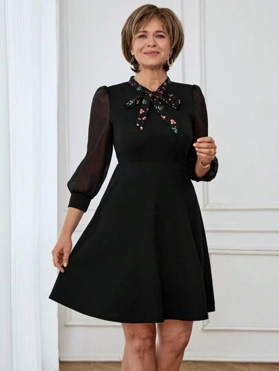 Miaspire Women's Mesh Patchwork Long Sleeve Casual Mini Dress