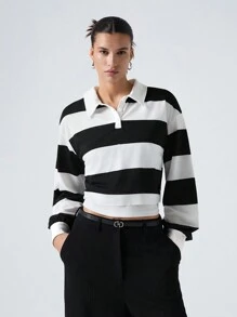 Muchica Button Half Placket Colorblock Tee - Black and White - View 4