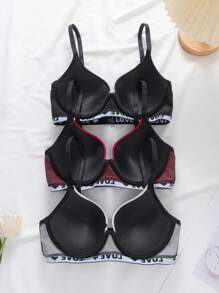 3pcs/Set Heart Striped Wireless Bras, Minimalist Fashion Casual Daily Wear - Multicolor - View 4