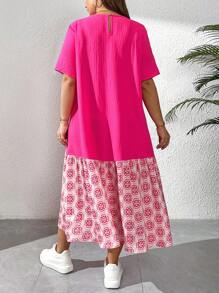 SHEIN Essnce Damen Große Größen Frühling und Sommer Mode Lässig locker täglich komfortables rosa Kurzarm konservatives langes Kleid, Sommer Outfits für Frauen, Kleidung für Mutter und Tochter, Urlaubsoutfits Frau - Pink - Übersicht 2