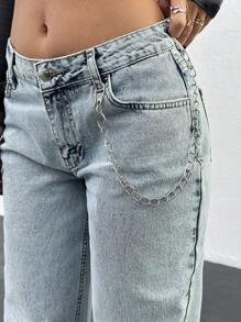 EURMUSE WOMEN STRAIGHT LOW WAIST JEANS CHAIN DETAIL - Light Wash - View 4