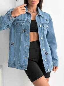 EURMUSE WOMEN DENIM EMBROIDERY BEE DETAIL JACKET - Light Wash - View 4