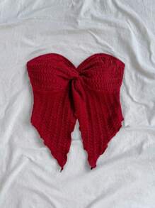 Soleia Romantic Casual Vacation White Textured Fabric Strapless Front Slit Chiffon Blouse, Versatile For Afternoon Tea & Getaway, Back To School Season