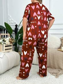 大码女士心形和字母印花短袖上衣和裤子睡衣套装，适合情人节 - 紅色 - 查看 2