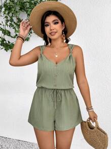 SHEIN Frenchy Plus Size Women's Solid Button Design Casual Romper - Green - View 4