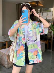 DAZY 女士全幅印花短袖休闲衬衫 夏季复活节 - 彩色 - 查看 3
