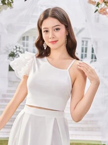 少女优雅玫瑰花卉印花百褶裙 - 白色 - 查看 3
