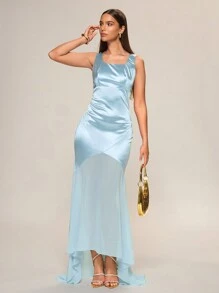 Glamine Light Blue Summer Elegant Dinner Women Maxi Dress,Satin Straps Backless Zip Up Woven Chiffon Splicing Short In Front Long In Back Hem Slim Prom Gown - Blue - View 1