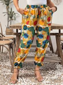 SHEIN LUNE Women's Casual Woven Camo Print Elastic Waist Loose Pocket Pants For Summer, Plus Size