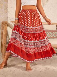 Breezaya Plus Size Bohemian Holiday Retro Print High Waist A-Line Skirt, Faux Silk Fall Cloth For Women